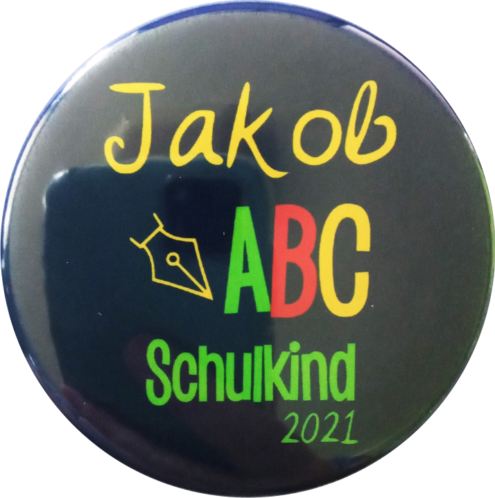 Schulkind Button ABC mit Namen dunkelblau